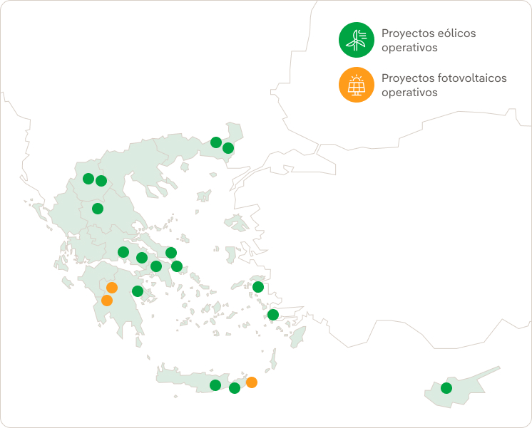 Mapa de instalaciones en construcción y proyectos operativos en Grecia